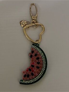 Betsy Johnson Gold Keychain with Pink & Green Jeweled Watermelon Charm